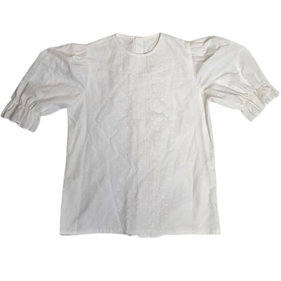 VINTAGE 80s white puff sleeve embroidered eyelet button back blouse top S - Picture 1 of 9